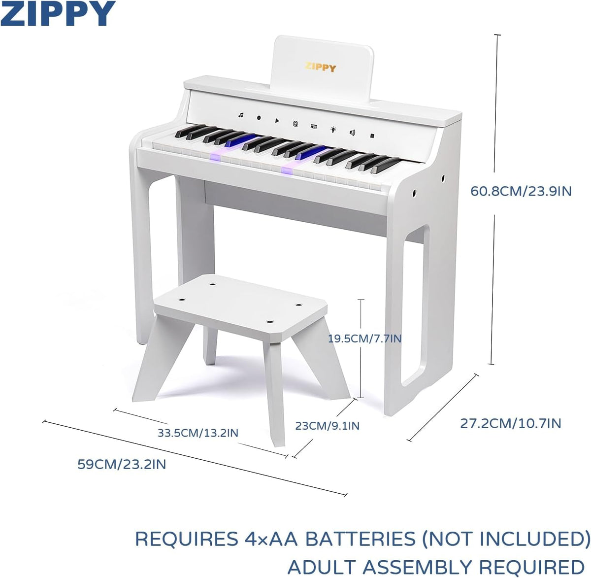 ZIPPY Piano infantil iluminado de 37 teclas con panel de control táctil