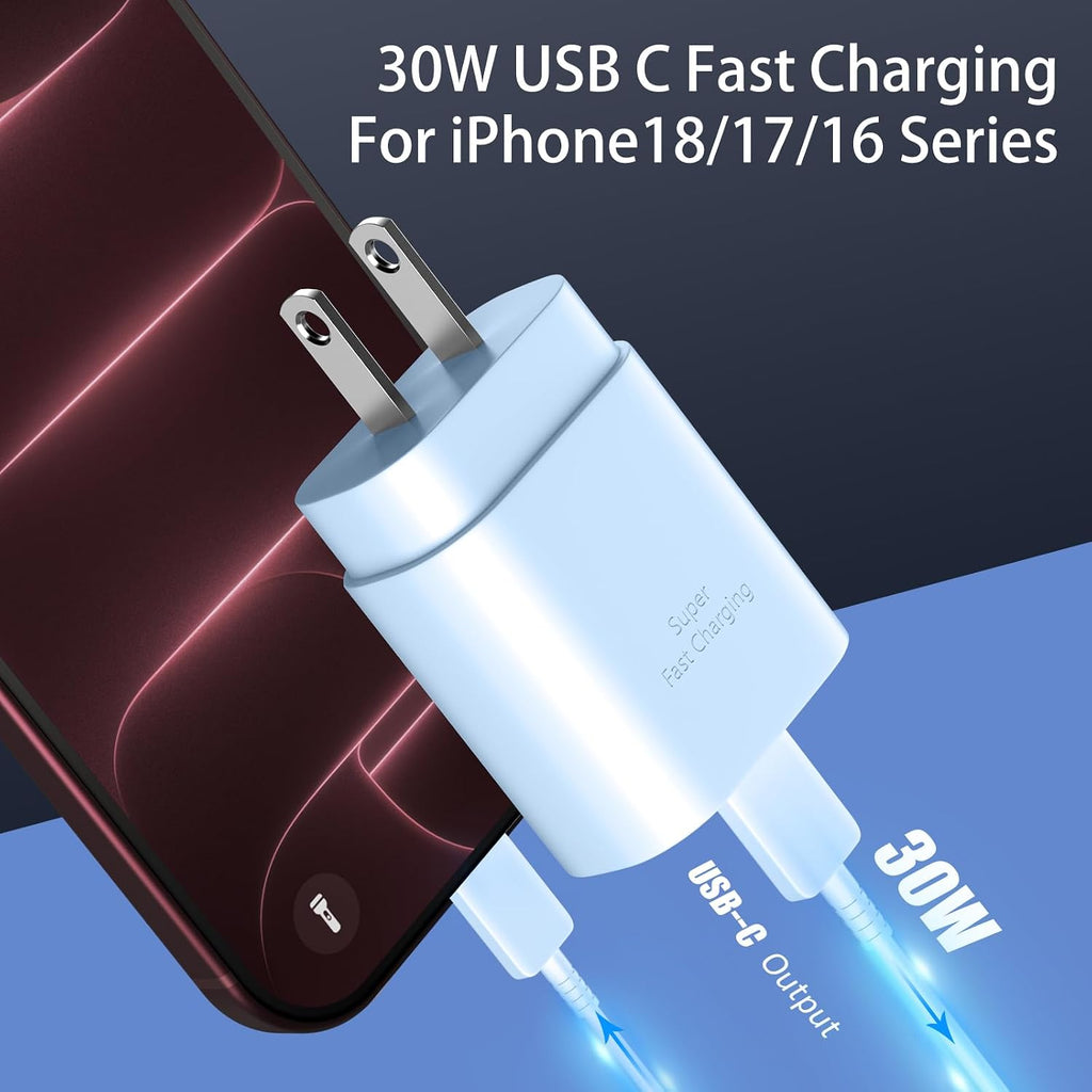 Cargador para teléfono 17, 16, 15, carga rápida, 30 W, USB C, bloque de carga para teléfono 17 16 15 Pro Max y cable tipo C de 10 pies de largo para i.Phone 17/Air/17 Pro/17 Pro Max/16/16 Plus/16 Pro/16 Pro Max/15/15 Pro Max, azul