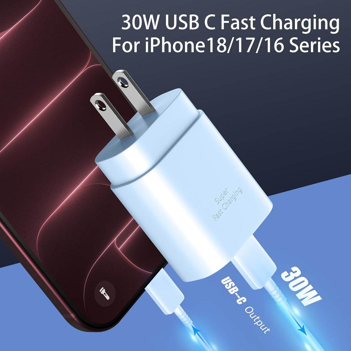 Cargador para teléfono 17, 16, 15, carga rápida, 30 W, USB C, bloque de carga para teléfono 17 16 15 Pro Max y cable tipo C de 10 pies de largo para i.Phone 17/Air/17 Pro/17 Pro Max/16/16 Plus/16 Pro/16 Pro Max/15/15 Pro Max, azul