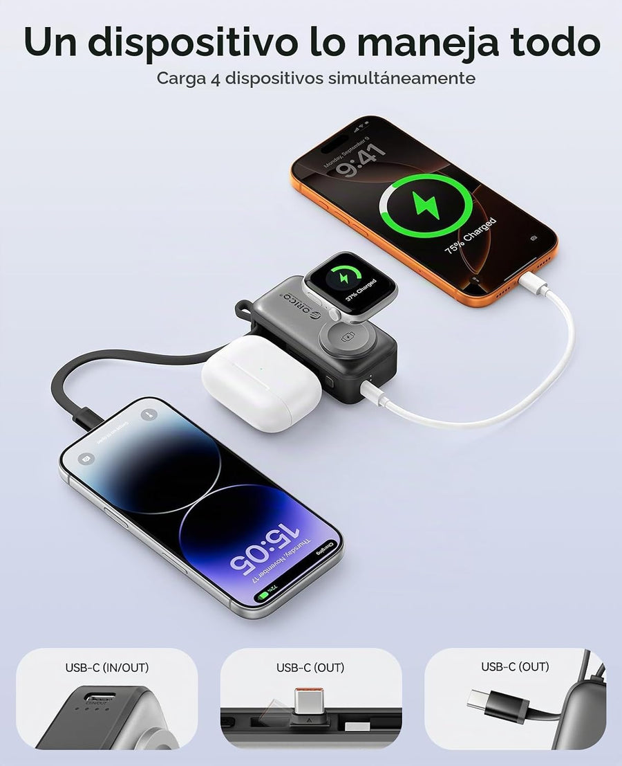 ORICO Cargador portátil de 5000 mAh con cable USB-C integrado, mini...