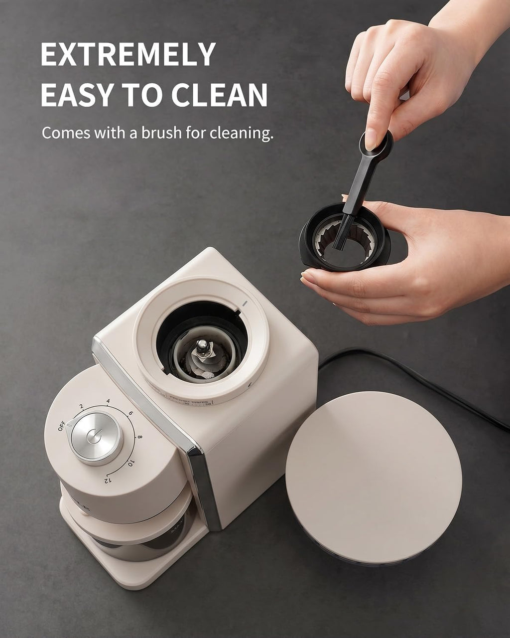 KIDISLE Molinillo de café cónico 2.0, molinillo eléctrico de granos de café para molienda precisa, 35 ajustes, selector de 2 a 12 tazas, diseño antiestático para uso doméstico, color beige