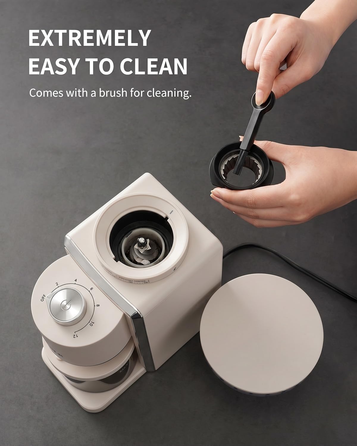 KIDISLE Molinillo de café cónico 2.0, molinillo eléctrico de granos de café para molienda precisa, 35 ajustes, selector de 2 a 12 tazas, diseño antiestático para uso doméstico, color beige