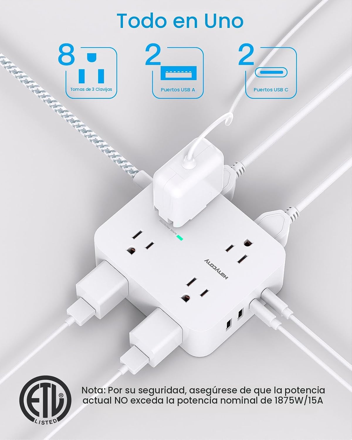 HANYCONY - Regleta protectora de sobretensiones de 10 pies, cable de extensión con 8 salidas de CA, 4 puertos USB (2 USB C), enchufe plano, estación de carga USB para escritorio de montaje en pared