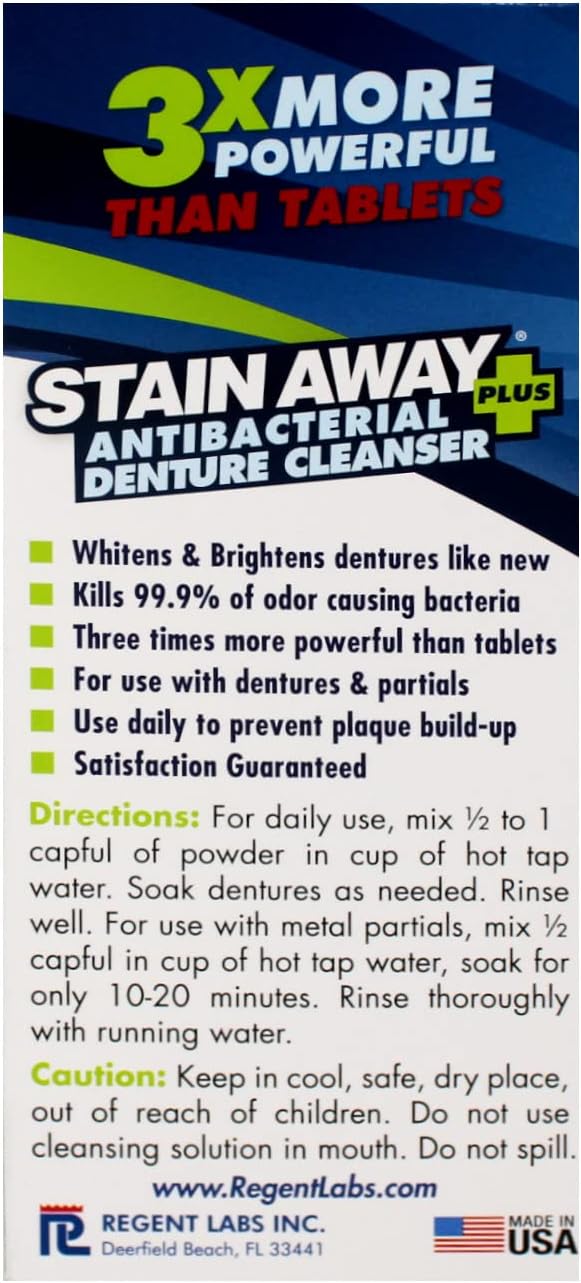 Stain Away Plus Limpiador antibacteriano para dentaduras, 3 veces m...