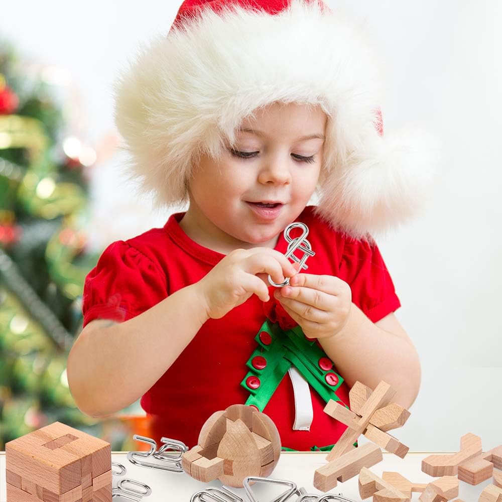 LESONG Rompecabezas Mentales de Metal y Madera para Niños y Adultos Paquete de 9, Prueba de Mente, CI y Lógica y Juegos de Desenredamiento Portátiles, Cadena de Alambre Fundido en Espiral 3D y