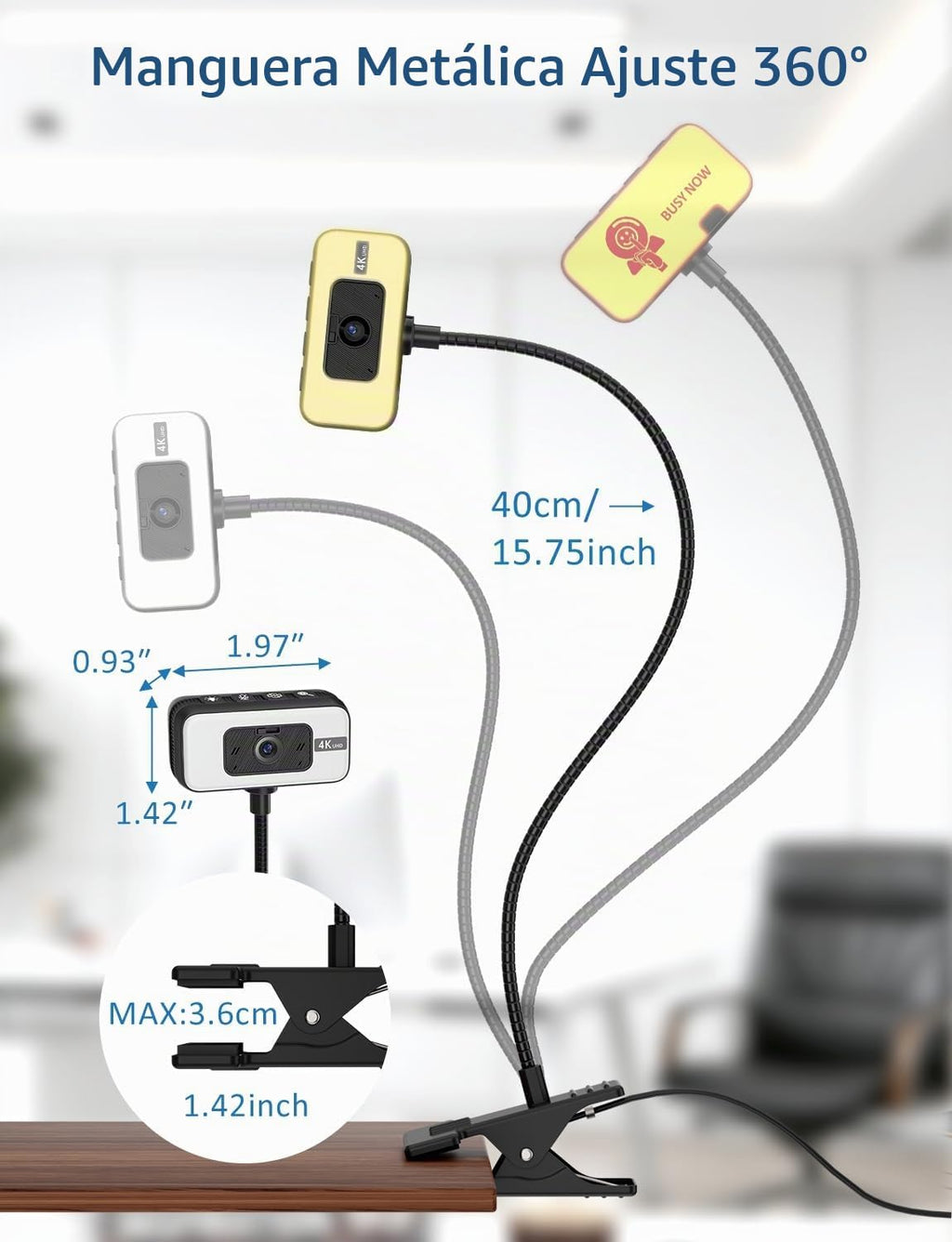 Cámara web 4K para PC con luz, enfoque automático PDAF y micrófono para