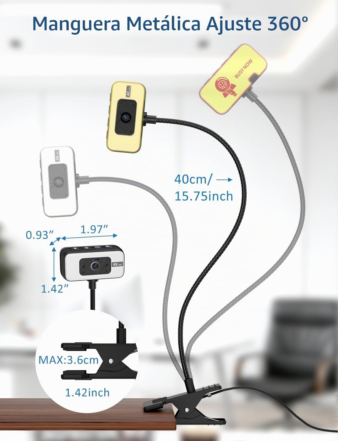 Cámara web 4K para PC con luz, enfoque automático PDAF y micrófono para