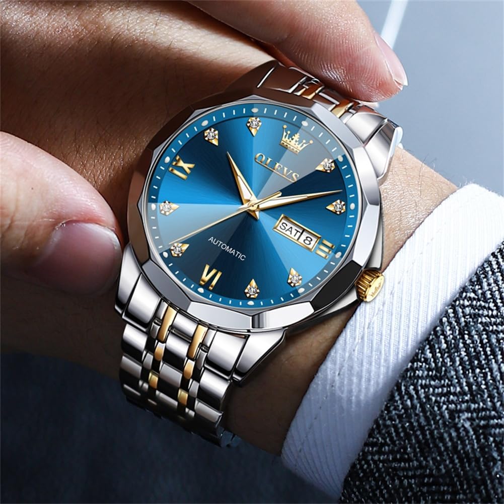 OLEVS Relojes de Hombre Esqueleto Automático Lujo de Negocios Diamante Autoentregado (Self Winding) Reloj de Pulsera de Acero Inoxidable con Calendario