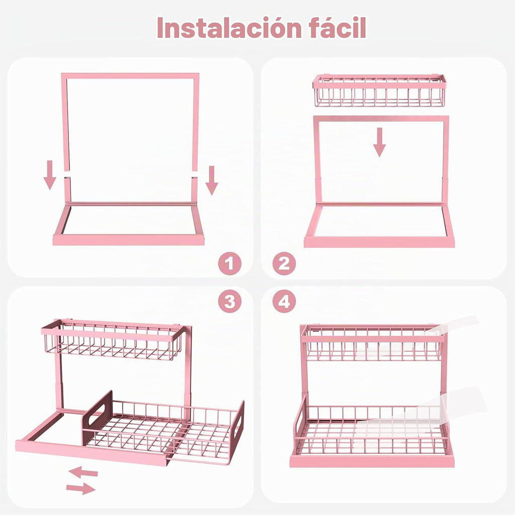 Organizador rosa para debajo del fregadero, estante deslizante de