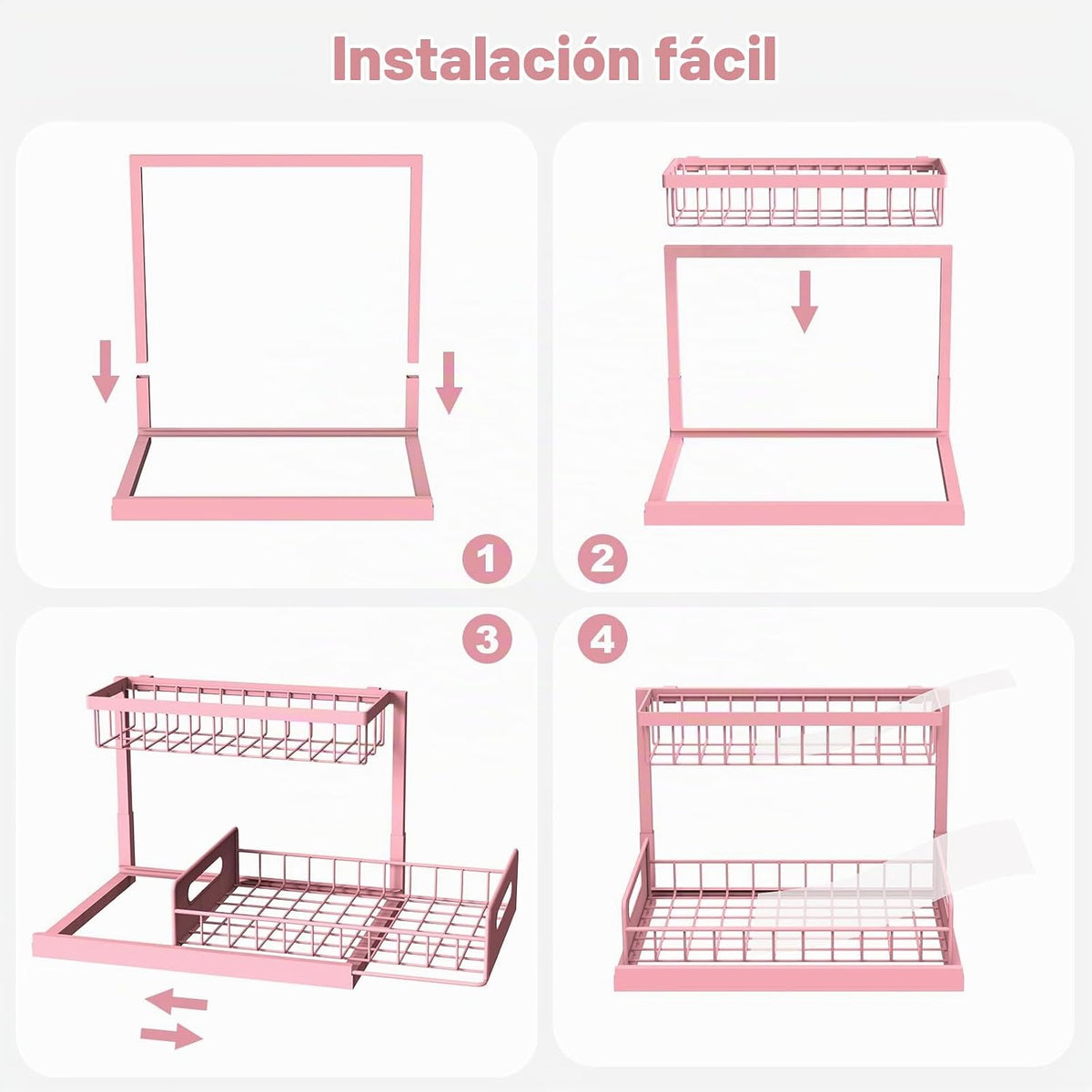 Organizador rosa para debajo del fregadero, estante deslizante de