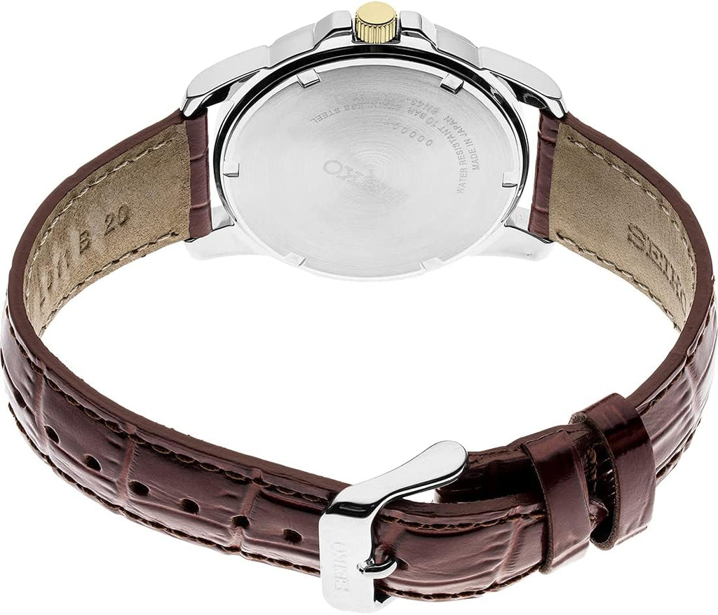 SEIKO SUR360 Reloj automático para hombre - Esenciales - Esfera de carbón - Caja de acero inoxidable con acabado dorado, correa de cuero, resistente al agua 164 ft