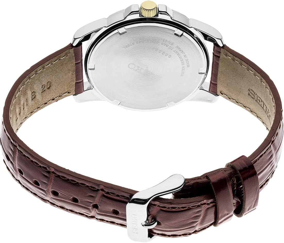 SEIKO SUR360 Reloj automático para hombre - Esenciales - Esfera de carbón - Caja de acero inoxidable con acabado dorado, correa de cuero, resistente al agua 164 ft