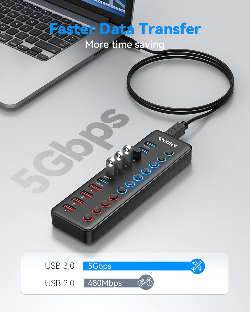 WENTER, 7401, hub USB 3.0 de 11 puertos, alimentado, adaptador 12V/3A