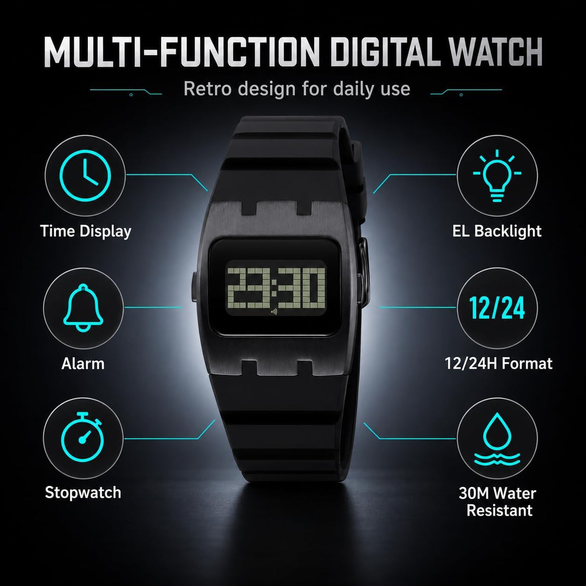 Reloj deportivo digital para hombre, impermeable, con pantalla LED, cronómetro, alarma, fecha, banda de silicona, reloj de pulsera ligero
