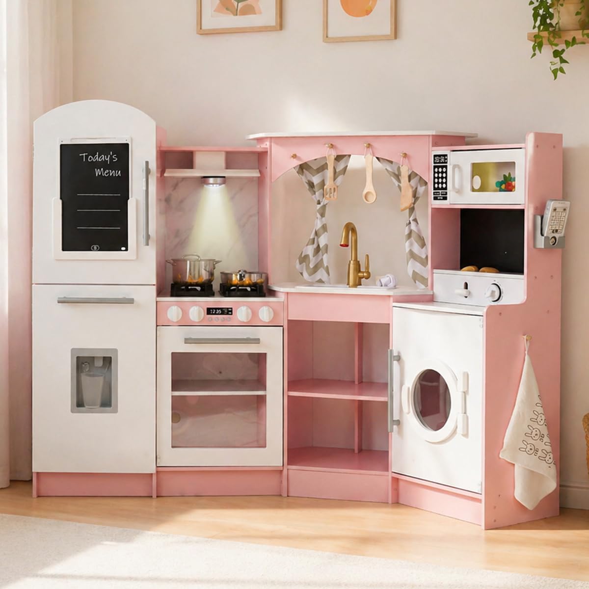 Juegos de cocina grandes de madera con máquina de hielo, dispensador de agua, panificadora, lavadora, pantalla electrónica, fregadero de juguetes con agua corriente, estufa con luz y sonidos, regalo de cumpleaños para mayores de 3 años (rosa)