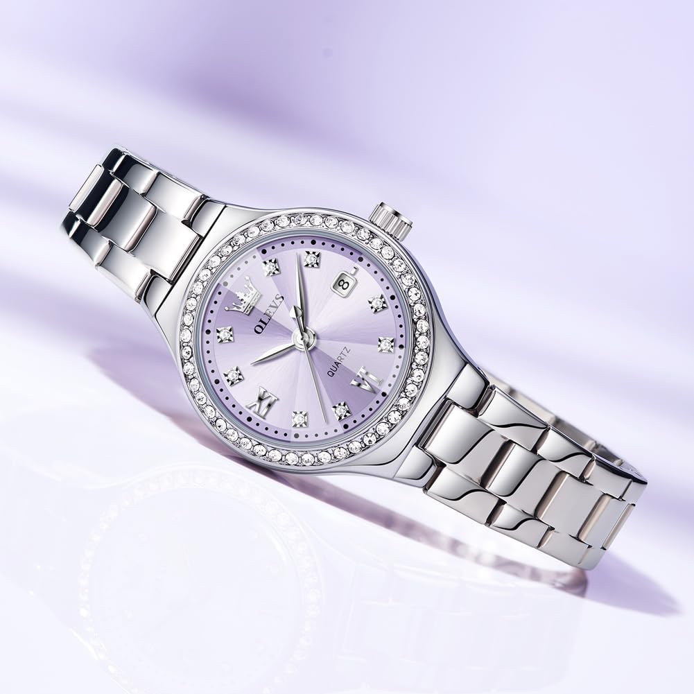 Reloj OLEVS para Mujer, Reloj de Plata para Mujer, Reloj de Vestir con Diamantes, Relojes para Mujeres con Pequeña Correa, Reloj de Lujo de Acero Inoxidable Resistente al Agua, Reloj Analógico de