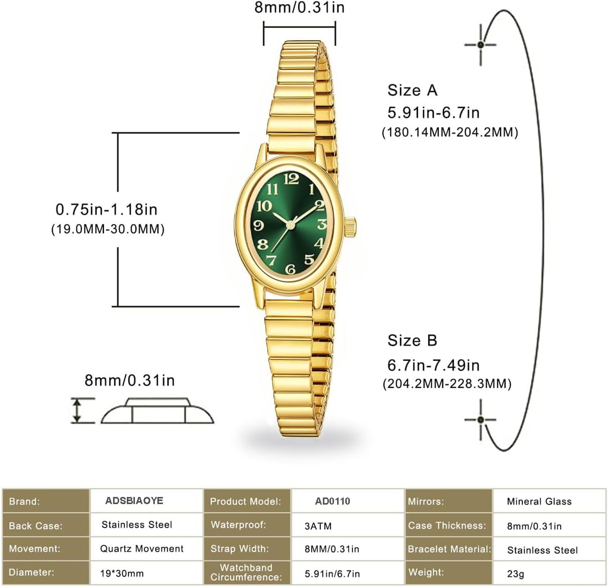 ADSBIAOYE Relojes pequeños de oro para mujer, números arábigos, fácil de leer, reloj analógico con banda de expansión de acero inoxidable, resistente al agua