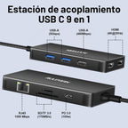 Estación de acoplamiento USB-C para monitor dual, Dock USB-C 9 en 1 con 2 HDMI