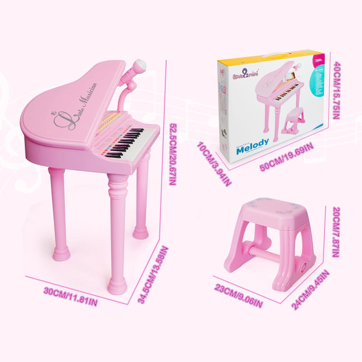 Love & Mini - Piano/teclado de juguete color rosa; instrumento musical con micrófono para niños como regalo de cumpleaños