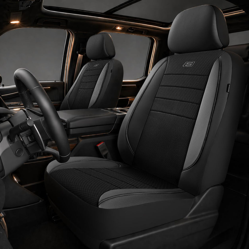 Skechers Fundas de asiento de espuma viscoelástica refrigeradas por aire, fundas de asiento de automóvil gruesas de malla, fundas de asiento de automóvil de cuero con ribetes para asientos delanteros
