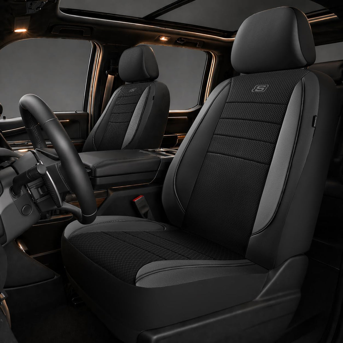 Skechers Fundas de asiento de espuma viscoelástica refrigeradas por aire, fundas de asiento de automóvil gruesas de malla, fundas de asiento de automóvil de cuero con ribetes para asientos delanteros