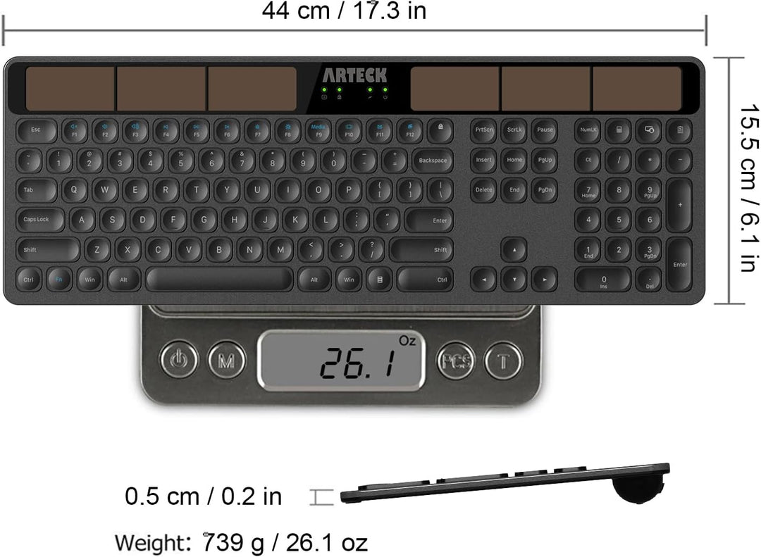 Arteck Teclado Solar Inalámbrico de Tamaño Completo, Teclado de Rec...