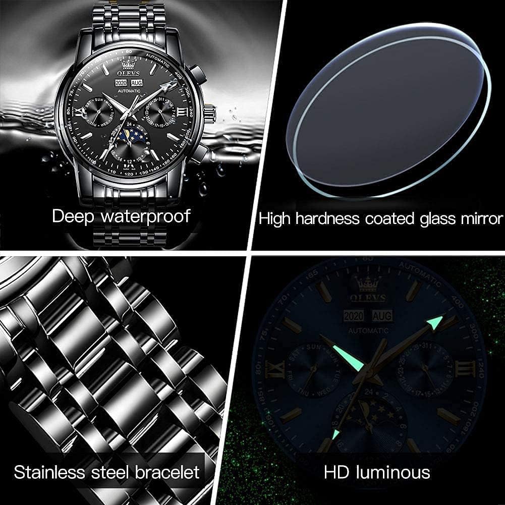 OLEVS - Reloj automático de lujo para hombre de cuerda mecánica con fases de la luna, de acero inoxidable, impermeable y con calendario luminoso, correa plateada