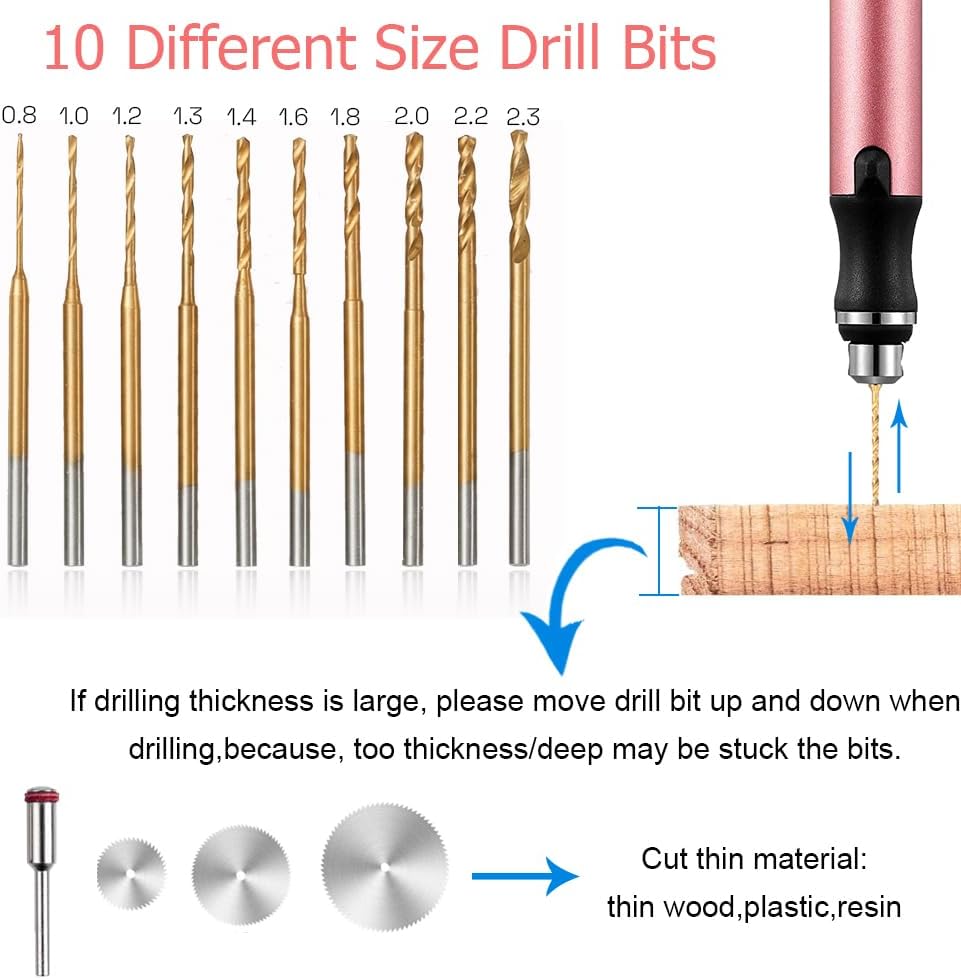 Mini taladro inalámbrico de 3 velocidades con 10 brocas pequeñas, tornillo de banco eléctrico recargable, juego de brocas de resina para fabricación de joyas, resina, plástico, madera, llaveros (PINK)