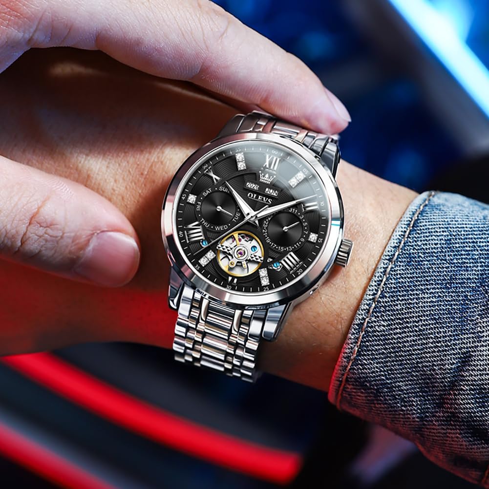 OLEVS Reloj automático para hombre de lujo en acero inoxidable con esqueleto y diamantes