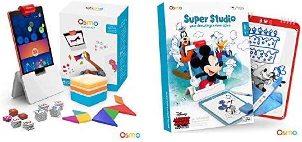 Osmo – Kit Genius para tablet Fire – 5 juegos prácticos de aprendizaje (edades 6-10) + Super Studio Disney Mickey Mouse & Friends Game Bundle (edades 5-11) Fire Tablet Base incluida