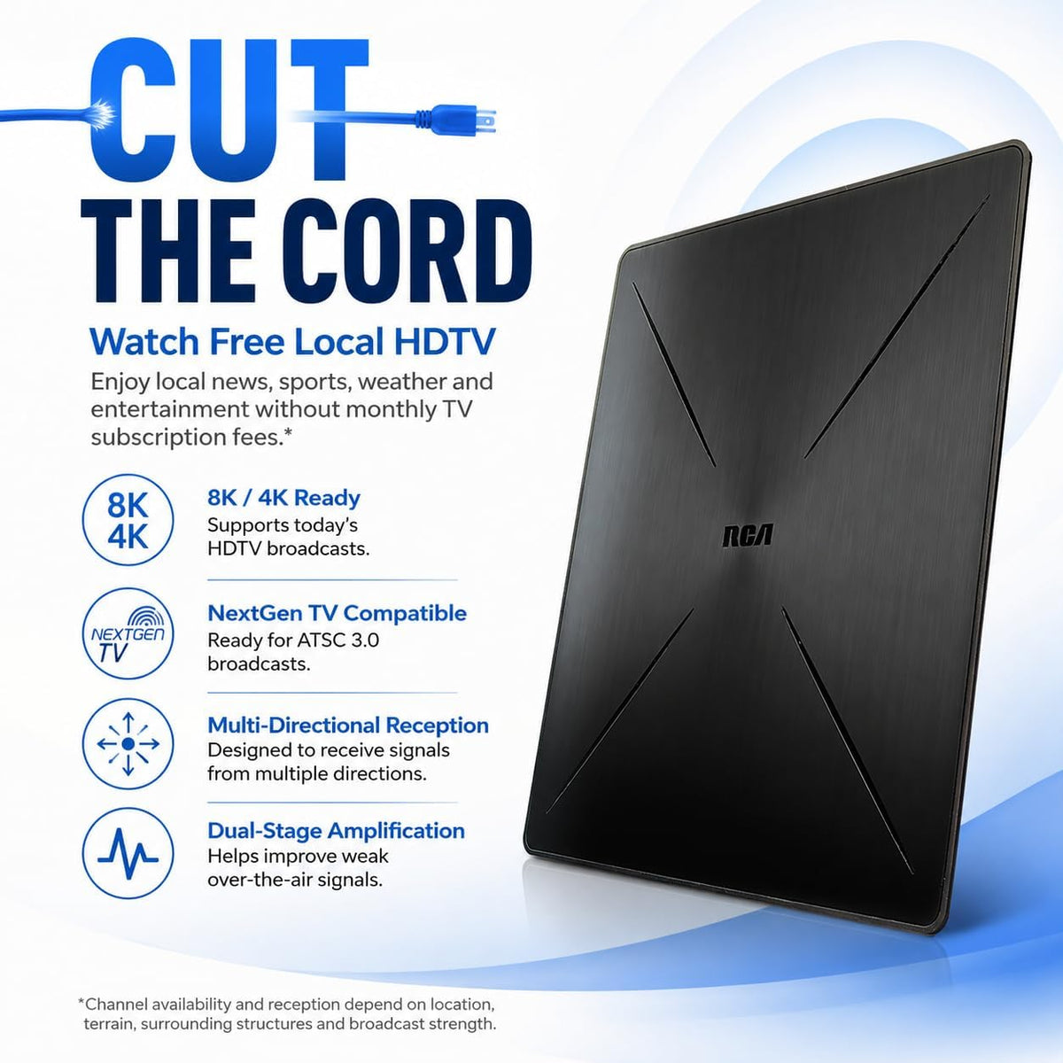 Antena HDTV plana amplificada para interiores RCA - Recepción multidireccional VHF y UHF, 4K/8K, 1080P, alcance de 40 millas - ANT1360E