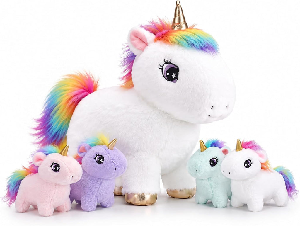 Animal de peluche de unicornio con bebés, conjunto familiar de felpa suave para mamá, lindo juguete de caballo arcoíris, peluche de animales de fantasía, regalo para niños, niñas, niños y