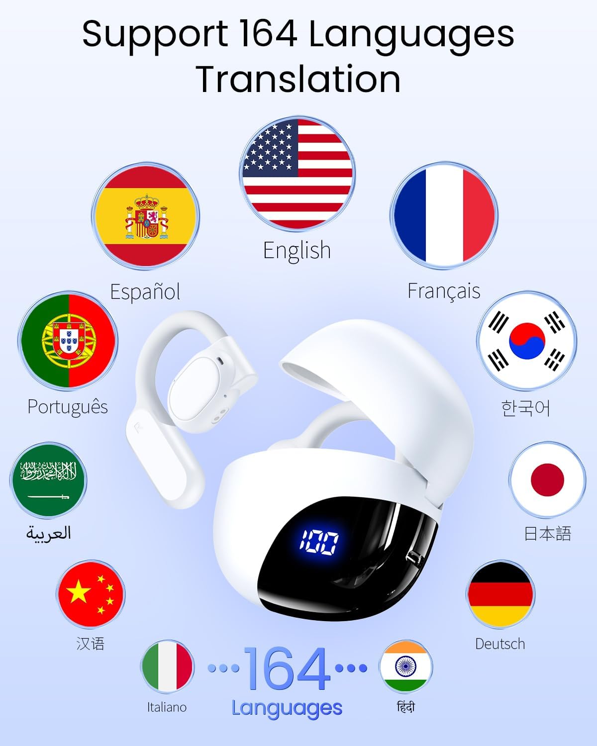 Auriculares de traducción AI en tiempo real 164 idiomas 80H Playtim...