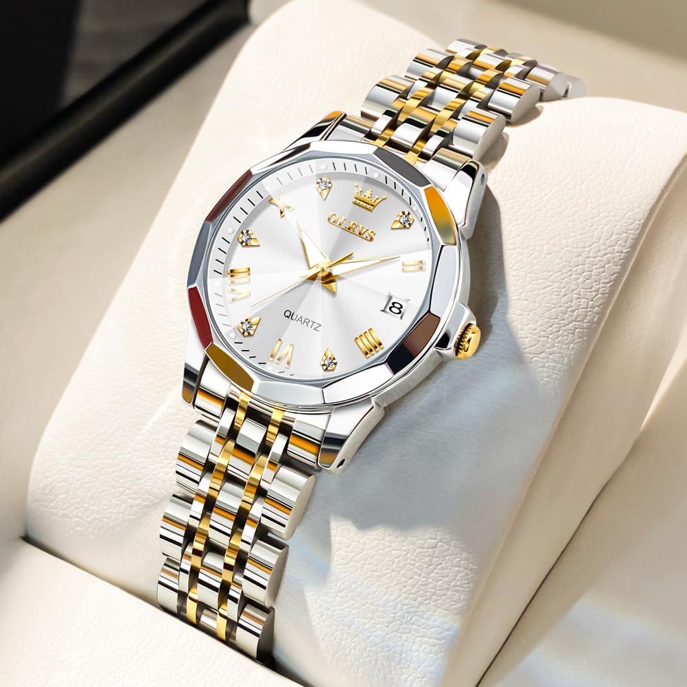 OLEVS Reloj Analógico de Cuarzo para Mujer, Acero Inoxidable Plateado de Dos Tonos, Moda, Resistente al Agua, Luminoso, con Fecha y Día, Relojes de Pulsera para Damas