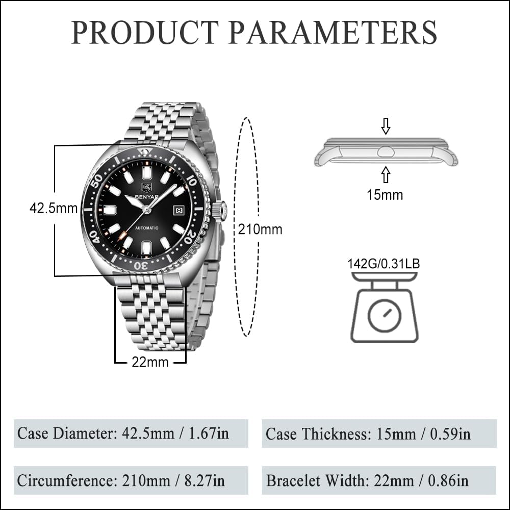 Relojes automáticos BENYAR para hombre, reloj mecánico analógico de acero inoxidable, impermeable hasta 50M, calendario, luminoso, relojes de pulsera de negocios para hombres