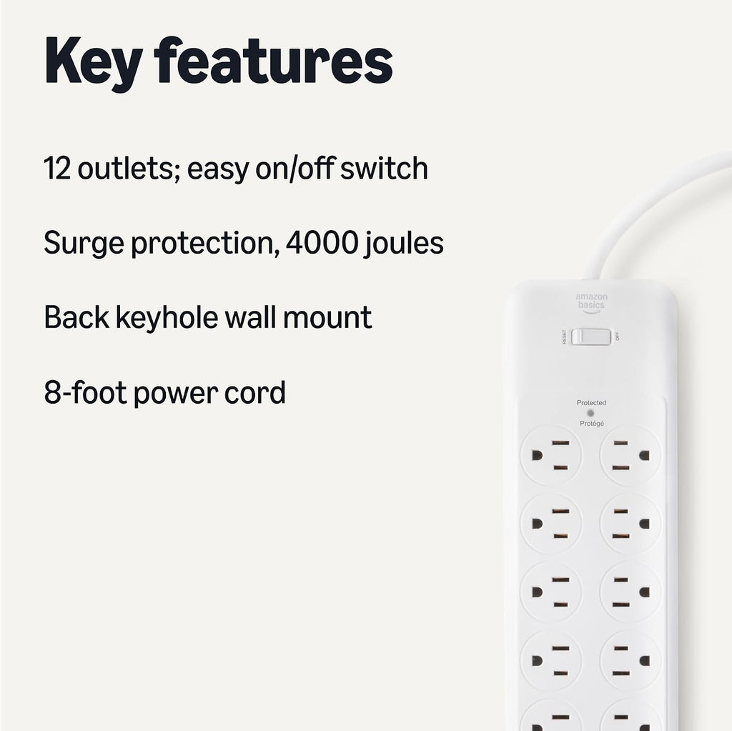Amazon Basics Regleta protectora contra sobretensiones de 12 tomas, 4000 julios, cable de extensión de 8 pies, rectangular, para el hogar, oficina, sala de juegos, color blanco