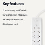 Amazon Basics Regleta protectora contra sobretensiones de 12 tomas, 4000 julios, cable de extensión de 8 pies, rectangular, para el hogar, oficina, sala de juegos, color blanco