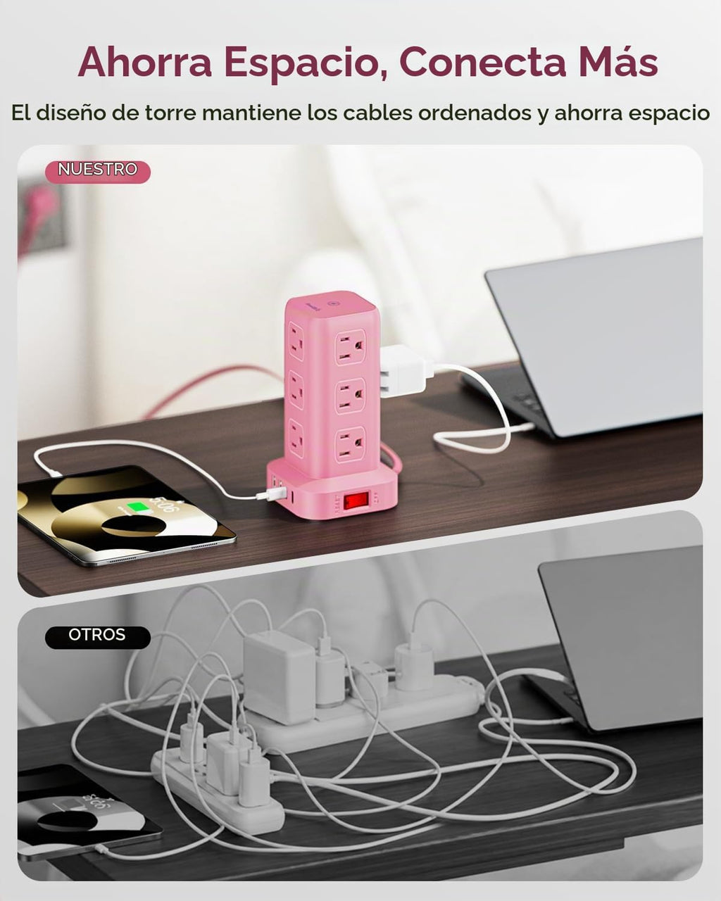 Regleta de alimentación con 12 tomas, 4 USB (1 USB C), cable de extensión de 6.5 pies con múltiples tomas, estación de carga, torre de regleta de alimentación rosa, suministros de escritorio de