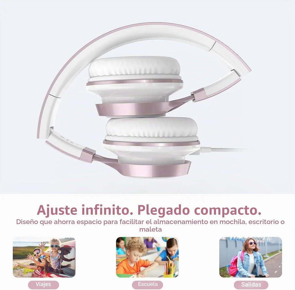 AIlIHEN Audífonos para Niños para Escuela con Micrófono Cableado, con conector 3.5 mm, Rosa Oro