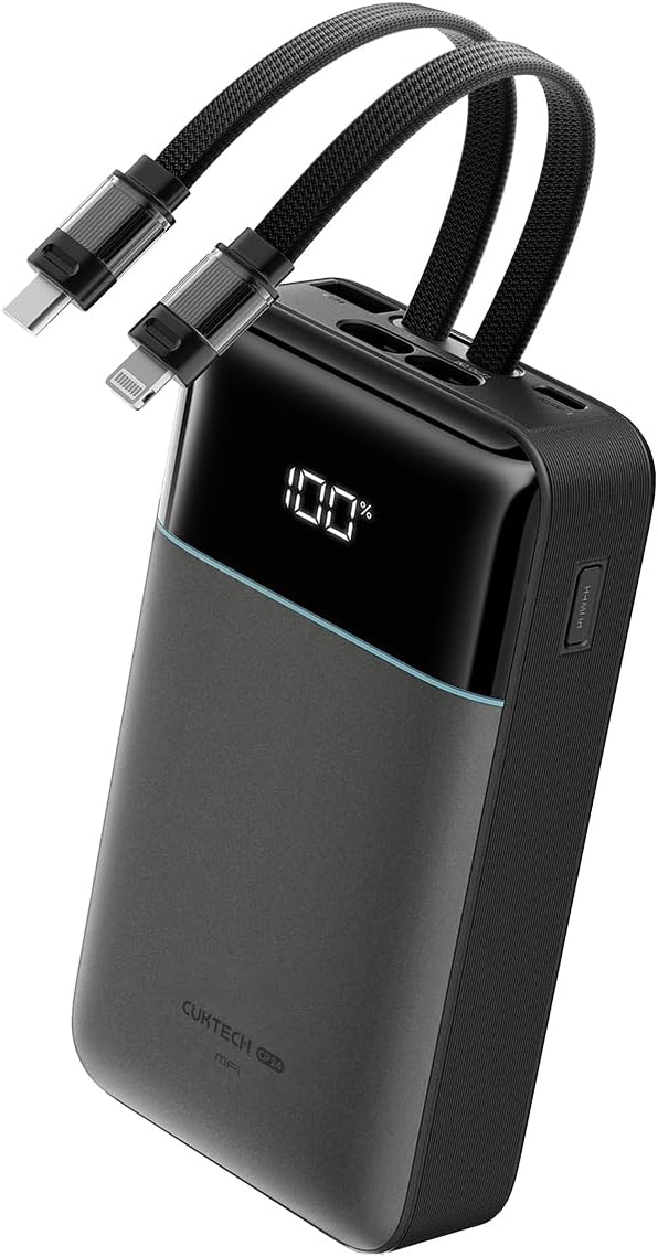 CUKTECH Banco de energía de 20,000 mAh, cables Lightning USB-C y MF...