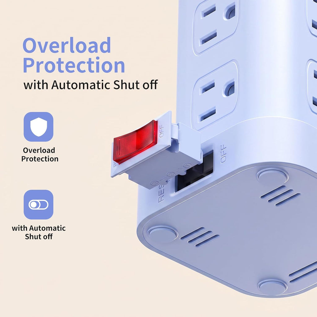 Cable de extensión con múltiples tomas, extensor de salida SMALLRT con 12 salidas de CA, 4 USB, torre de regleta de alimentación de 6.5 pies para suministros de oficina en casa, azul