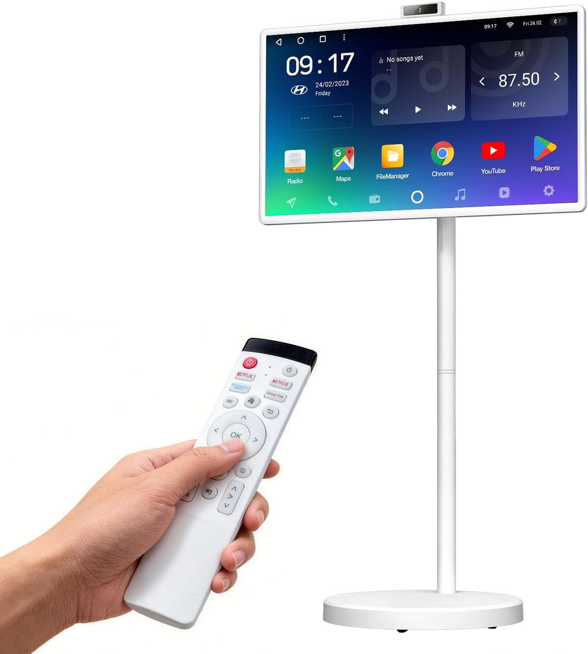 VLH Tableta de TV portátil inteligente de 32 pulgadas con soporte rodante, pantalla táctil de 1080P, batería incorporada de 38400mAh, Android 15, 8+128GB TV inalámbrico sobre ruedas con control remoto, rotación de 360°, cámara de 5MP