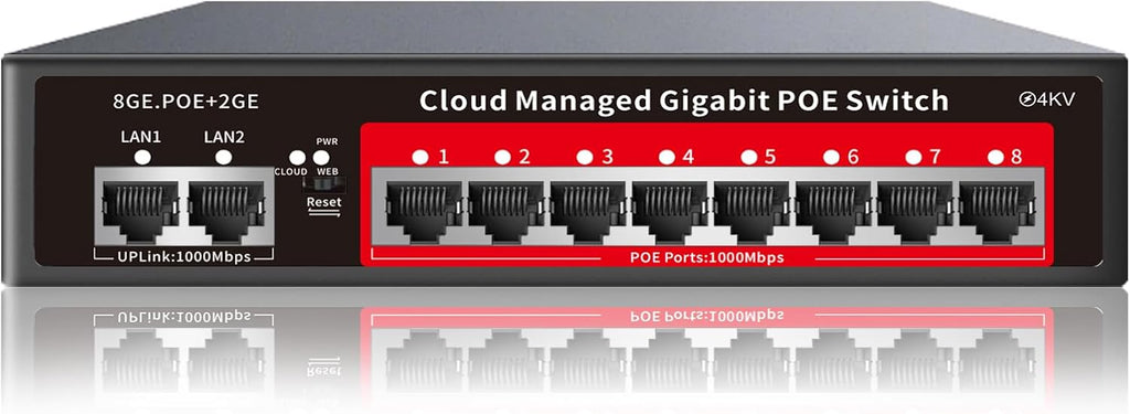 Switch Gigabit PoE de 8 puertos con enlace ascendente de 2 Gigabit, alimentación integrada de 120 W, compatible con 802.3af/at, conmutador PoE+ administrado compatible con VLAN, QoS, metal sin ventilador, Plug and Play (montaje en escritorio/pared)
