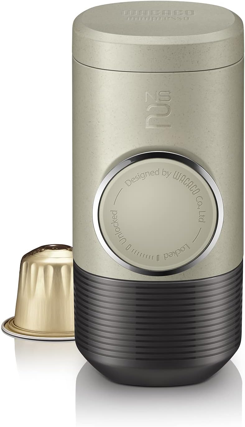 WACACO Minipresso NS2, máquina de café espresso portátil, cápsulas originales compatibles con NS, cafetera de viaje, funciona manualmente desde acción de pistón (beige piedra)