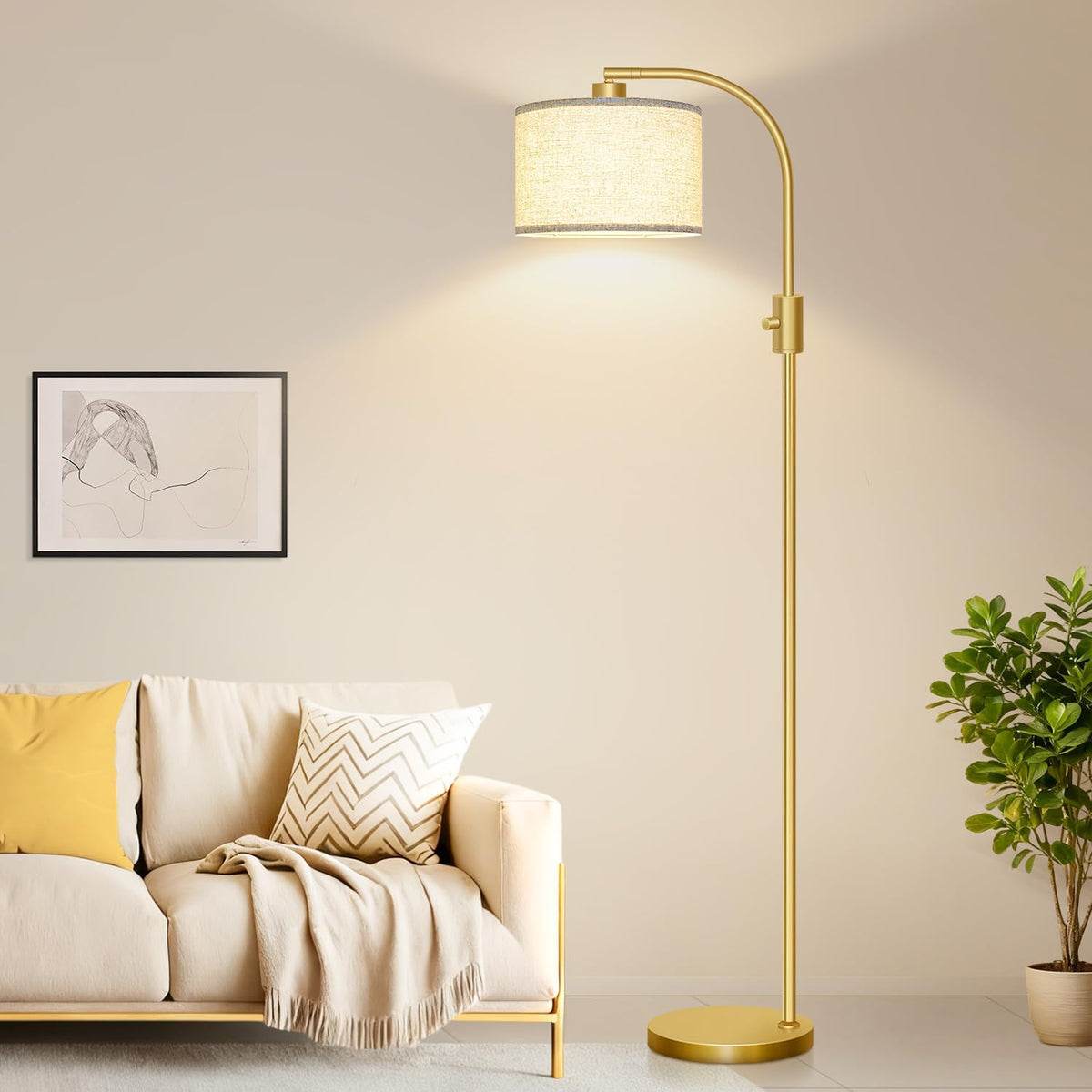 Lámpara de pie alta, moderna y regulable con dimmer Arc, pantalla de lino, 1200 lúmenes, bombilla LED incluida, para sala de estar y lectura, dormitorio, oficina y nursery, dorado