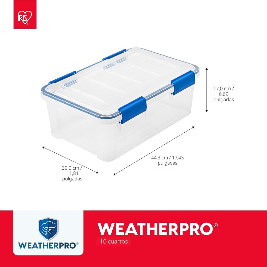IRIS USA - Contenedor organizador de plástico hermético de 16 cuartos de galón con tapa duradera y sello y hebillas de cierre seguro