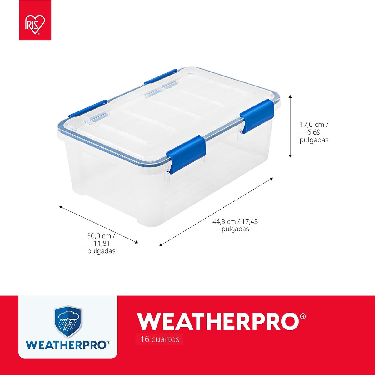 IRIS USA - Contenedor organizador de plástico hermético de 16 cuartos de galón con tapa duradera y sello y hebillas de cierre seguro