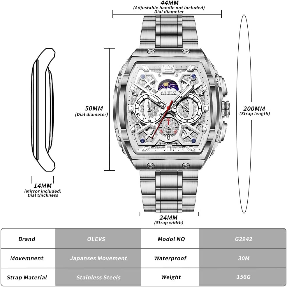 OLEVS Relojes para Hombre Multifuncionales de Negocios, Estilo Cuadrado, Acero Inoxidable, Resistente al Agua, Luz Luminosa, Lujo Casual, Pulsera para Hombre