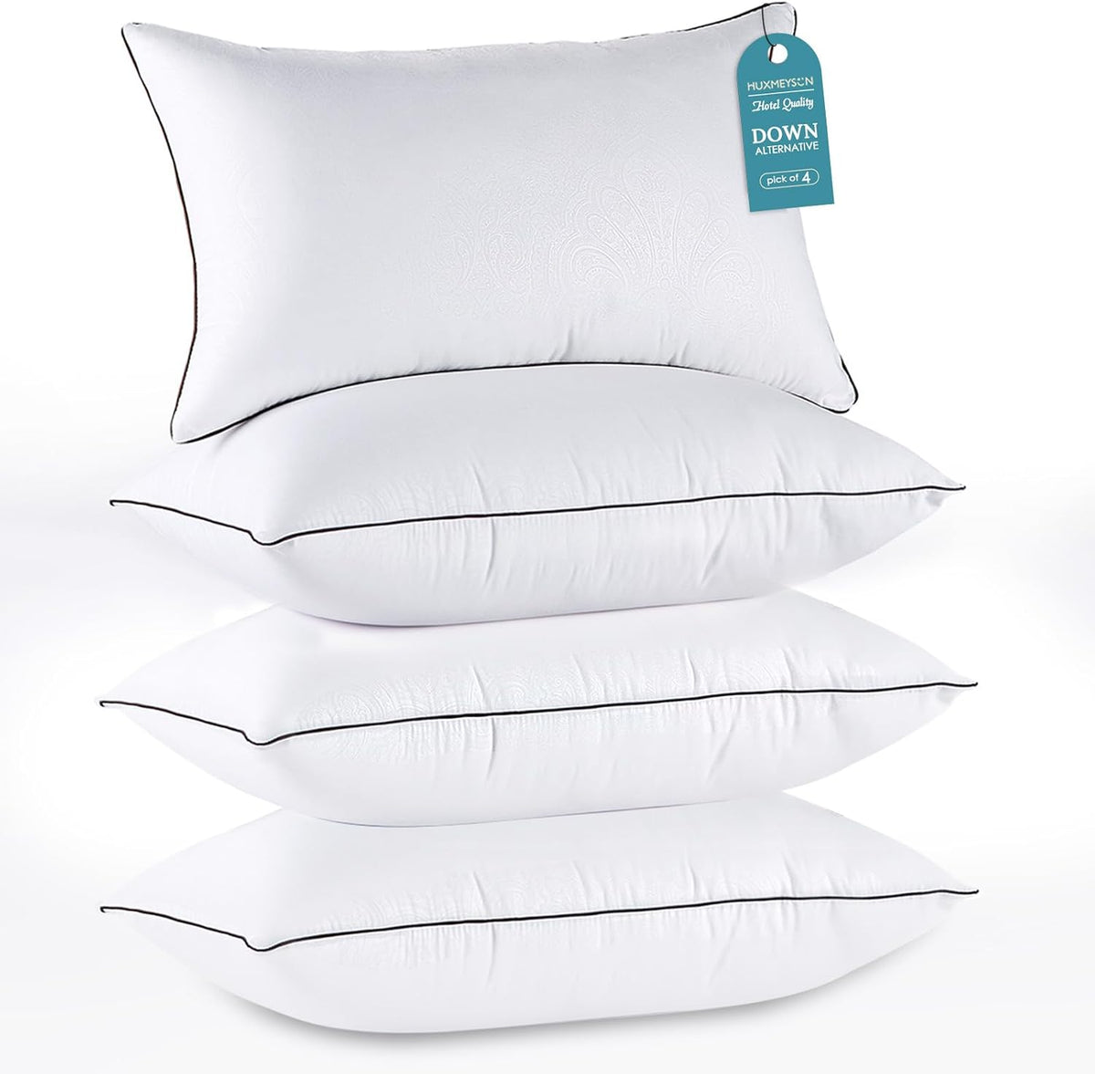 HUXMEYSON Almohadas tamaño Queen, juego de 4, juego de almohadas de cama de hotel de lujo con relleno alternativo de plumón para personas que duermen de lado y de espaldas