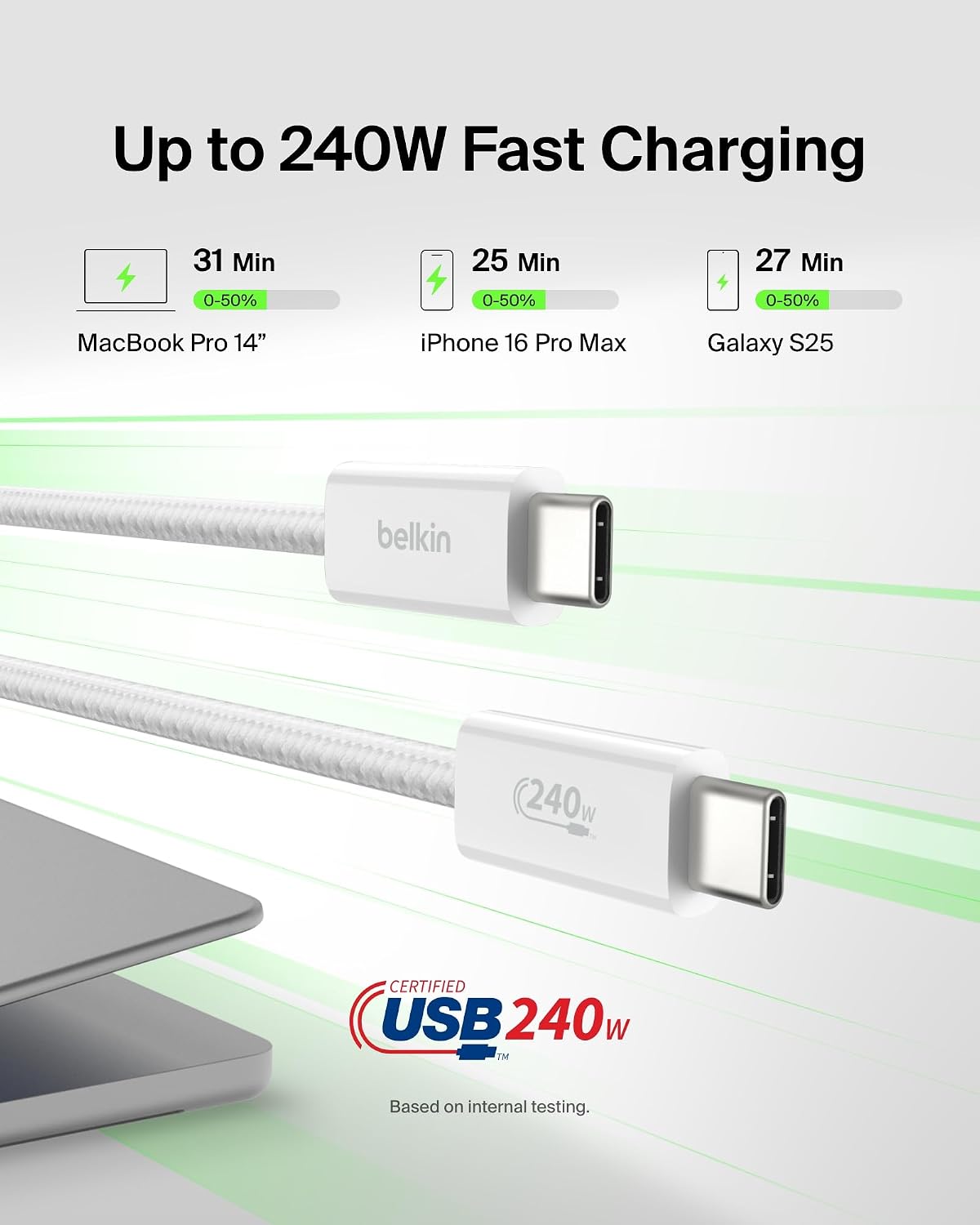 Belkin Paquete de 2 cables USB C a USB C, 6.6 pies, 240 W, cargador tipo C, cable de carga para iPhone, suave, trenzado, flexible para iPhone 17, Galaxy S25, Pixel 10, MacBook, Chromebook, iPad Pro